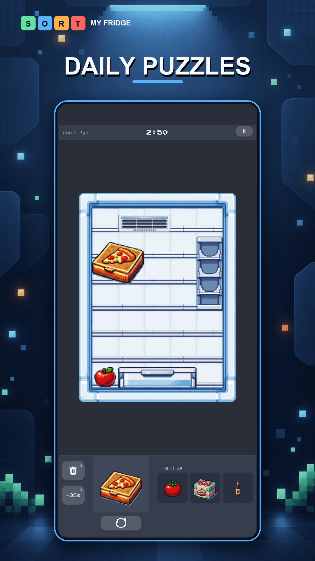 A daily puzzle fridge with food and tricky fixtures