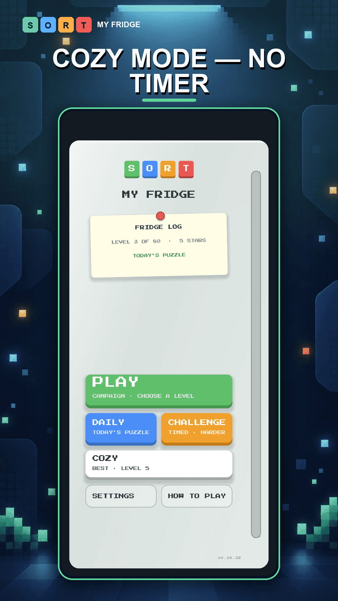 Sort My Fridge main menu highlighting Cozy mode with no timer